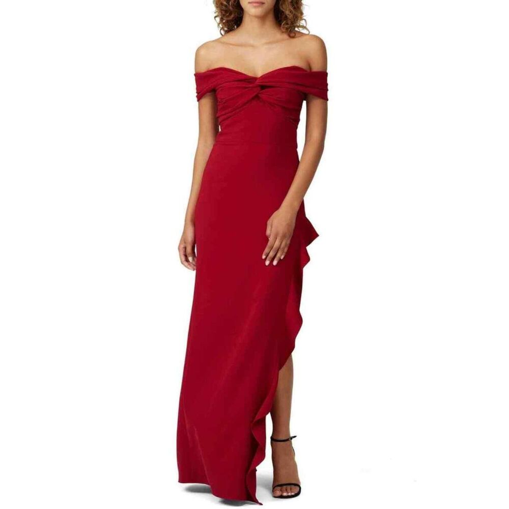 Shoshanna Midnight Off the Shoulder Ruffle Slit Cocktail Long Gown Red 4